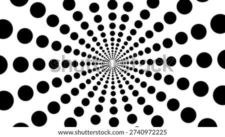 Black and white halftone circle pattern radial background. A classic black and white radial pattern background using halftone dots that expand from the center, creating a sense of depth and motion.