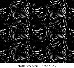 Black and white halftone circles balls on a black background. Black and white illusive seamless pattern with overlapping shapes. Vector illustration