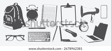 Black and white halftone collage of essential office and school stationery: laptops, backpack, clock, clipboard, pen, phone, and glasses on a clean white background.