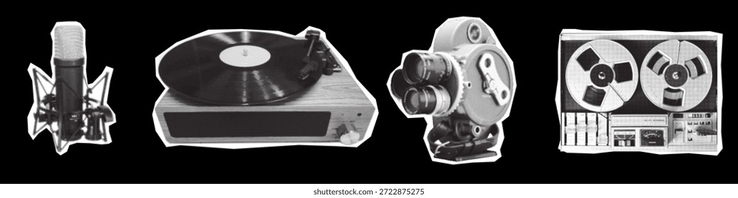 Schwarz-weiße Halbtoncollage mit Vintage-Audio- und -Filmausrüstung, darunter ein Studiomikrofon, ein Vinylwiedergabegerät, eine Retro-Filmkamera und ein Rollenaufzeichnungsgerät. Hochkontrastfähiger Ausschnitt mit klassischer Analogästhetik.