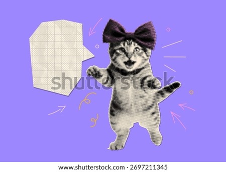 Black and white halftone collage standing cat with open mouth and plaid paper speech bubble. Half tone funny kitty announcing something. Vector vintage concept.