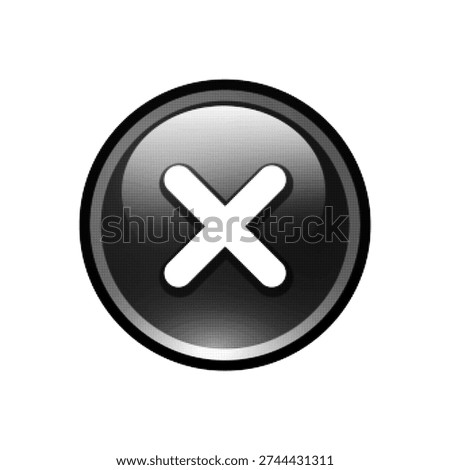Black and white halftone cross icon in circle. Monochrome cancel or close button symbol isolated on white background with dot pattern texture.