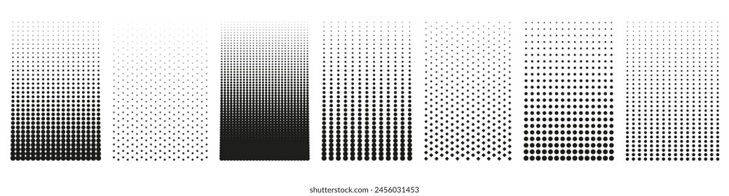 Black And White Halftone Designs With Progressive Dot Gradients And Shapes. Isolated Vector Illustration.