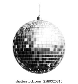 Black and white halftone disco ball illustration. Abstract retro party design element with pixelated dots. Vintage 70s and 80s style graphic for music, dance, and club themes.