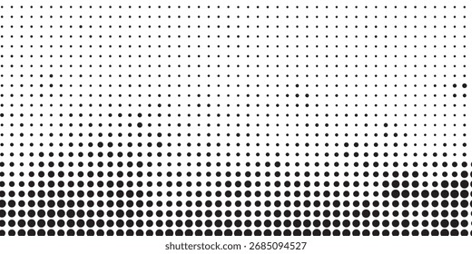 Black and white halftone dot gradient pattern background. Abstract minimal texture design with circular dots creating modern retro pop art effect.