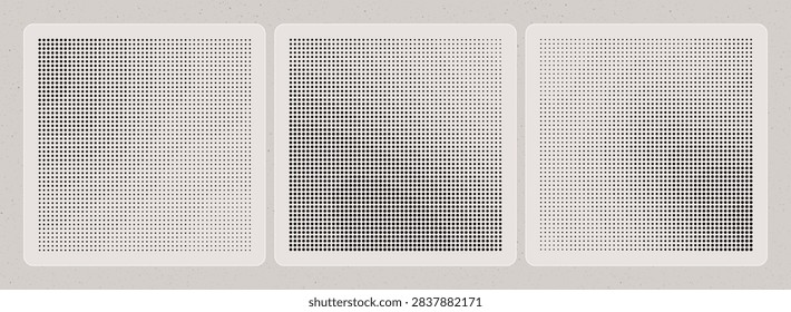 Black and white halftone dot pattern poster set with abstract gradient spots and modern vector styling, ideal for cards, posters, branding, print design and creative projects