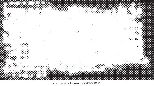 Los puntos semitonos en blanco y negro crean un marco de estilo vintage angustiado con una forma irregular y Elementos dispersos, perfecto para superposiciones de Diseño gráfico o fondos texturizados, agregando un