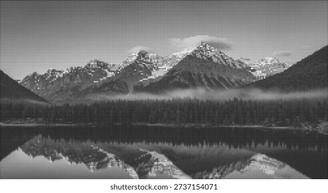 Black and white halftone dots create abstract mountain lake reflection landscape pattern