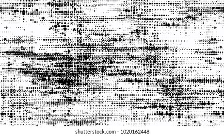 Black and White Halftone Dots in Grunge Brush Style. Rough Grungy Seamless Pattern Design. Overlay Grainy Style Texture. Broken, Rusty Print Design Background.
