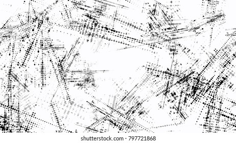 Black and White Halftone Dots in Grunge Brush Style. Retro Spotted Seamless Pattern. Faded Dyed Style Texture. Broken, Rusty Print Design Background.