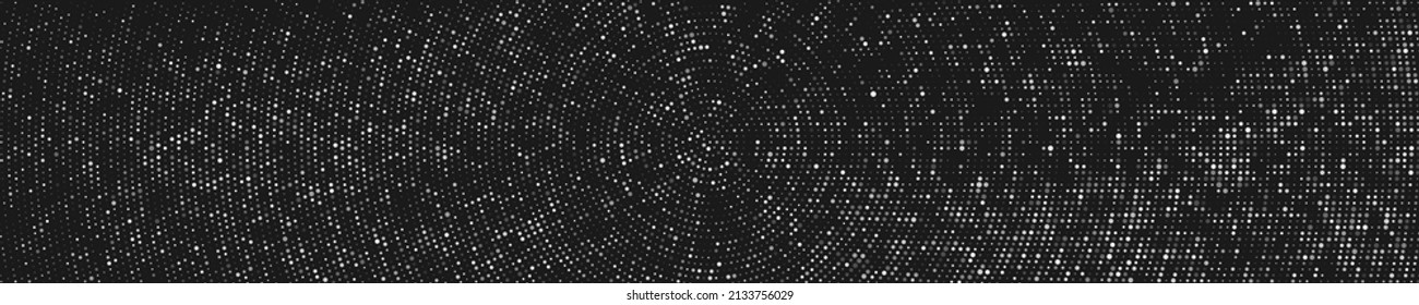 Black And White Halftone Dotted Backdrop. Monochrome Pop Art Style Background. Silver Explosion Of Confetti. Wide Horizontal Long Banner. Vector Illustration, Eps 10. 
