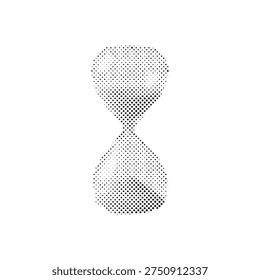 Black and white halftone dotted vector illustration of a curved hourglass sand timer isolated on a white background