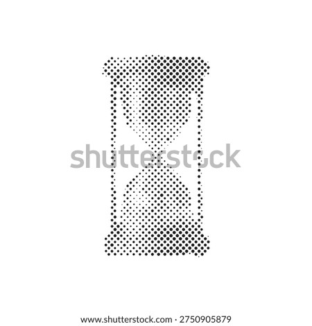 Black and white halftone dotted vector illustration of a classic hourglass sand timer isolated on a white background