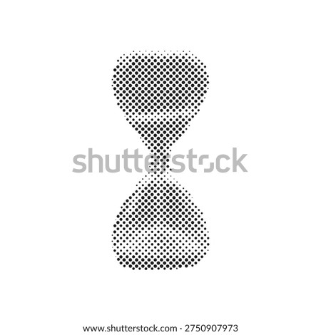 Black and white halftone dotted vector illustration of a rounded hourglass sand timer isolated on a white background