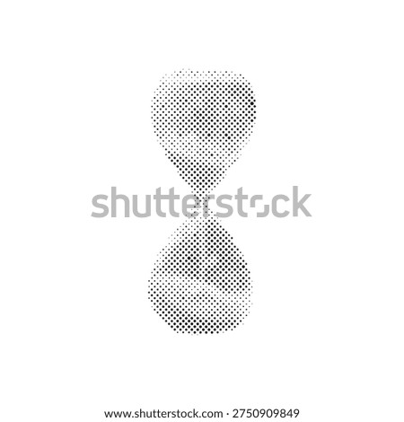 Black and white halftone dotted vector illustration of a curved hourglass sand timer isolated on a white background