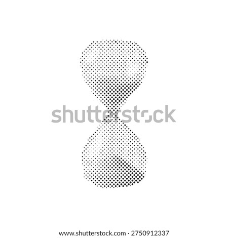 Black and white halftone dotted vector illustration of a curved hourglass sand timer isolated on a white background