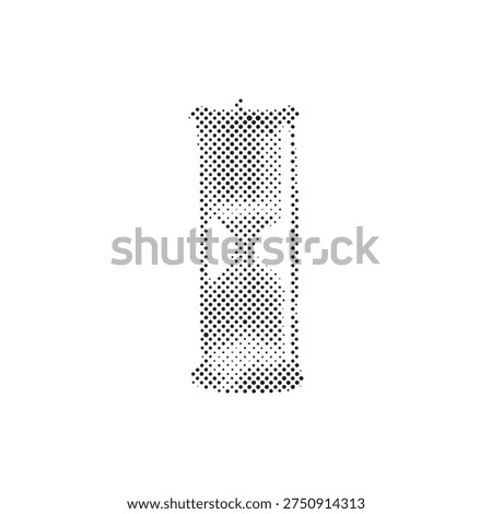 Black and white halftone dotted vector illustration of a tall vintage hourglass sand timer isolated on a white background