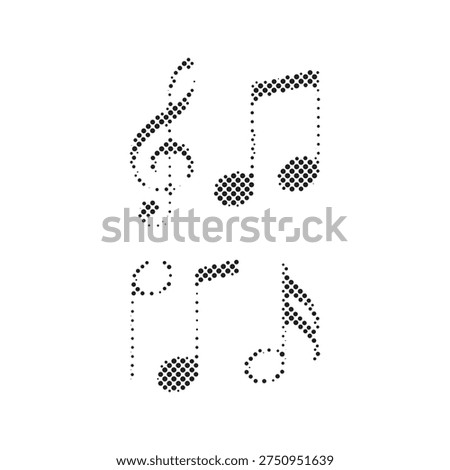 Black and white halftone dotted vector illustration of a treble clef and musical notes isolated on a white background