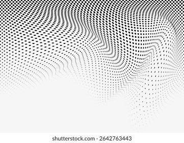Black and White Halftone Dotted Wave Background, Abstract Vector Monochrome Dot Pattern, Retro Comic Style Optical Illusion Design for Print, Motion, Tech Art, and Minimalist Projects