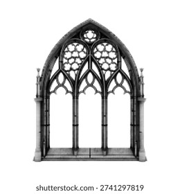 Black and white halftone gothic window illustration isolated on white background. Vintage engraved cathedral arch with stained glass pattern, medieval architecture element.