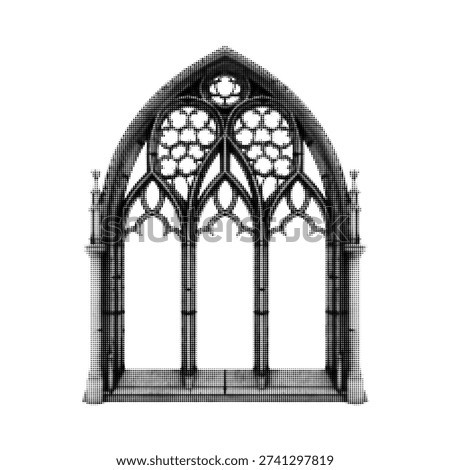 Black and white halftone gothic window illustration isolated on white background. Vintage engraved cathedral arch with stained glass pattern, medieval architecture element.