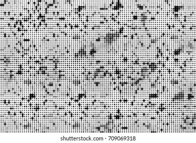 Black and white halftone. Grunge texture abstract. Monochrome background for printing and design. Round particles backdrop. Ink dots texturedesign element