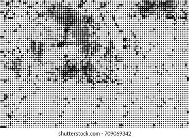 Black and white halftone. Grunge texture abstract. Monochrome background for printing and design. Round particles backdrop. Ink dots texturedesign element
