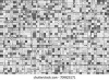 Black and white halftone. Grunge texture abstract. Monochrome background for printing and design. Round particles backdrop. Ink dots texture design element
