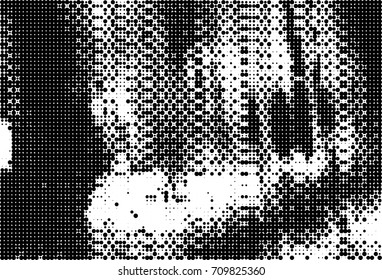 Black and white halftone. Grunge texture abstract. Monochrome background for printing and design. Round particles backdrop. Ink dots texture design element