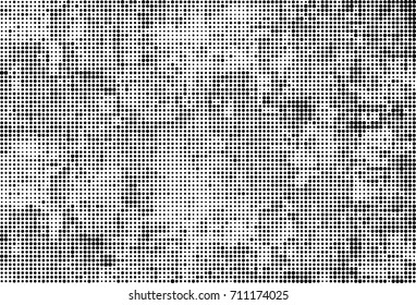 Black and white halftone. Grunge texture abstract. Monochrome background for printing and design. Round particles backdrop. Ink dots texturedesign element