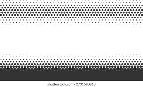 Padrão de gradiente horizontal de meio-tom preto e branco, plano de fundo pontilhado mínimo, textura vetorial geométrica moderna, design óptico abstrato de fade com simetria digital