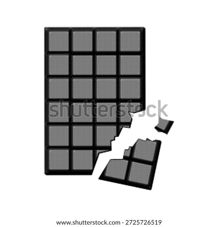 Black and white halftone illustration of a broken chocolate bar with a bitten piece, isolated on white background. Sweet food concept for dessert, snack, craving, or indulgence design.