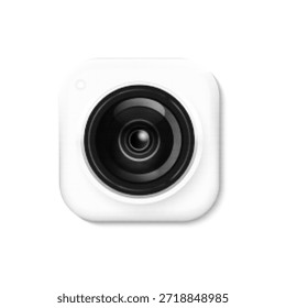 Ilustración en blanco y negro de un icono de lente de cámara en un cuadrado redondeado. Estilo gráfico punteado mínimo, concepto de Fotografía, vigilancia, tecnología, seguridad y medios digitales.