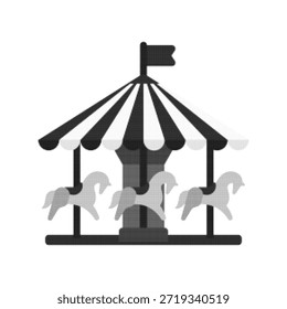 Black and white halftone illustration of a carousel with horses and flag. Minimal symbol of amusement park, fair, childhood, entertainment, nostalgia, and leisure, isolated on white background.