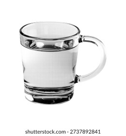 Black and white halftone illustration of ceramic coffee mug with metallic rim. Minimal drinkware isolated on white background, concept of hot beverage, tea, espresso and morning routine.