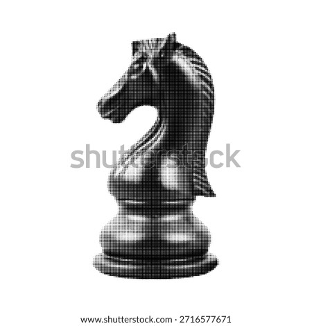 Black and white halftone illustration of a chess knight piece isolated on white background. Symbol of strategy, tactics and intelligence in minimal vintage print style.