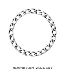 Black and white halftone illustration of circular metal chain frame. Vintage engraving style ring border isolated on white background, symbol of strength, connection, security and unity.