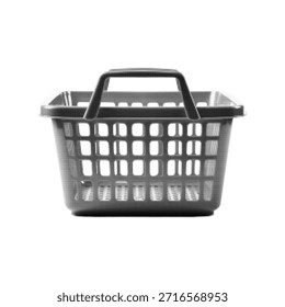 Black and white halftone illustration of an empty shopping basket isolated on white background. Minimal retail, ecommerce and consumer concept with vintage print texture.