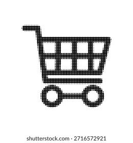 Black and white halftone illustration of an empty shopping cart icon isolated on white background. Minimal ecommerce, retail and online shopping concept with dotted texture.