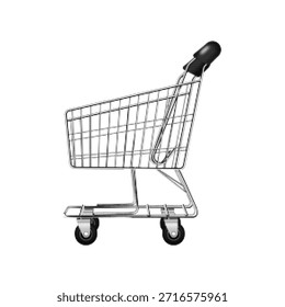 Black and white halftone illustration of an empty shopping cart in side view isolated on white background. Minimal retail and ecommerce concept with dotted vintage print texture.