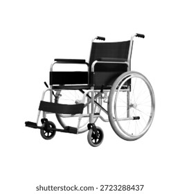 Black and white halftone illustration of an empty wheelchair isolated on white. Minimalist concept of disability, mobility, healthcare, accessibility, rehabilitation, and medical support.
