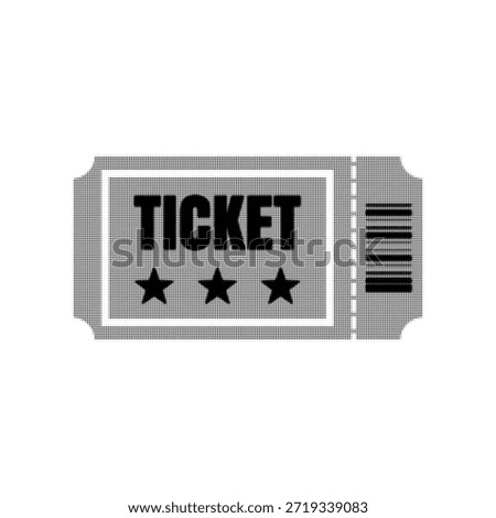 Black and white halftone illustration of an event ticket with stars and barcode. Minimal symbol of admission, entertainment, cinema, concert, festival, and booking, isolated on white background.