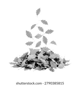 Black and white halftone illustration of falling autumn leaves above a leaf pile. Seasonal nature composition with copy space, symbolizing fall, change, ecology and harvest season.