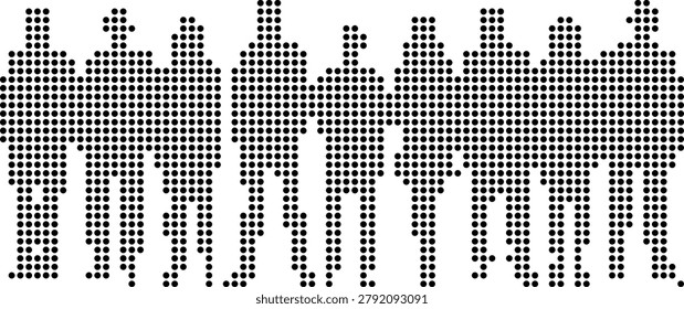 A black and white halftone illustration of a group of people made up of small dots on a white background