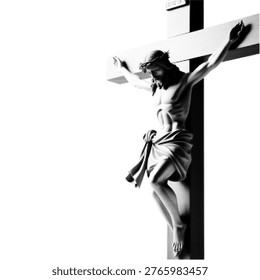 Black and white halftone illustration of Jesus Christ on the cross, crucifixion symbol of Christianity, faith and sacrifice concept isolated on white background.