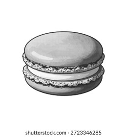 Ilustración de medio tono en blanco y negro de un postre de macarrones. Concepto de comida minimalista que simboliza la pastelería francesa, la dulzura, el producto de panadería, el postre lujoso y el Diseño gráfico moderno.