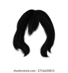 Ilustração em meio-tom preto e branco de um penteado feminino de médio comprimento com ondas suaves e batidas laterais, silhueta mínima isolada em um fundo branco.