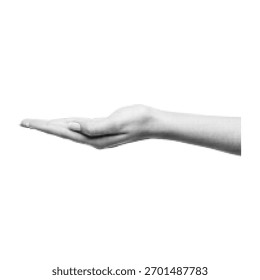 Schwarz-weiße Halbtondarstellung einer offenen Hand. Minimalistisches Pop-Art-Design als Symbol für Fürsorge, Hilfe, Geben und Kreativität.