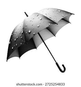 Ilustración de semitono blanco y negro de un paraguas abierto con gotas de lluvia, que simboliza la protección, seguridad, seguro, Clima, lluvia, seguridad, Asistencia y concepto de refugio sobre fondo blanco.