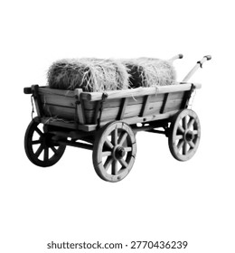 Black and white halftone illustration of a rustic wooden cart with hay bale, vintage farm transport isolated on white background.